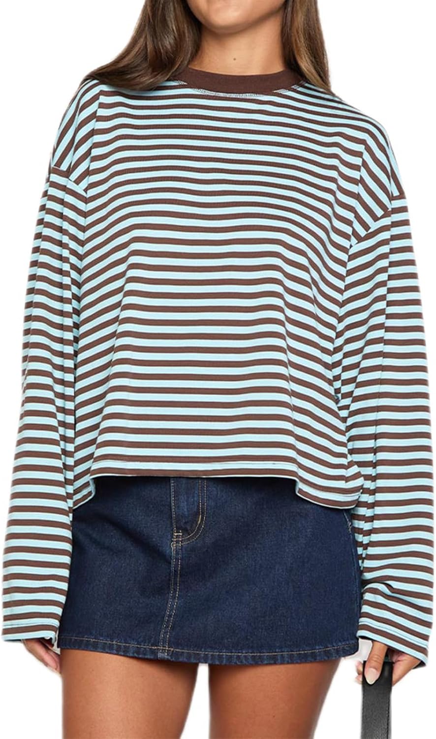 Women's Oversized Striped Cropped Long Sleeve Top