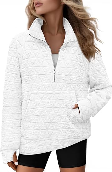 Women's Quilted Long Sleeve Quarter-Zip Pullover Sweatshirt with V-Neck Collar