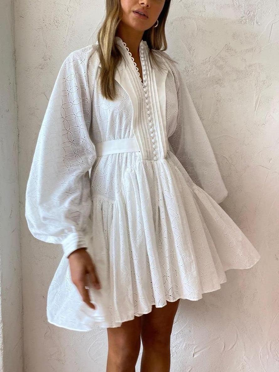 Women's Bohemian Button Down Long Lantern Sleeve Shift Tunic Dress