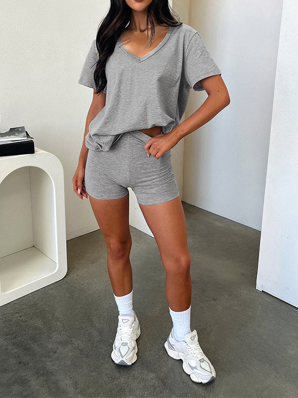 Stylish V-neck Casual Solid Color Set