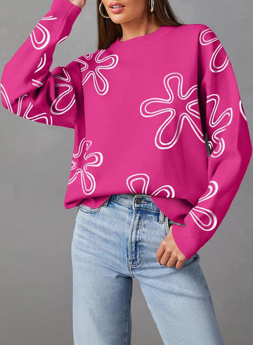 Women Casual Floral Print Cable Knit Sweater