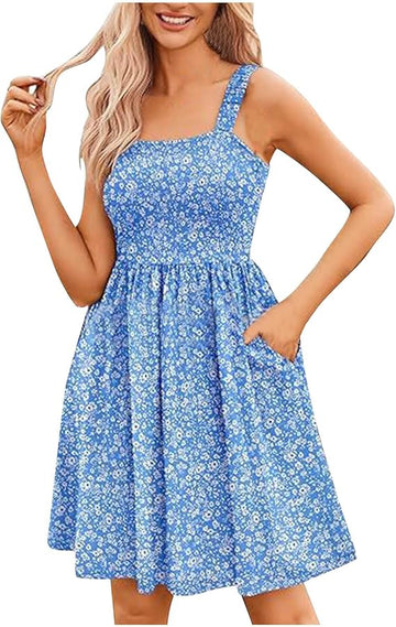Women's Summer Dresses Casual Square Neck Floral Sundress With Pockets