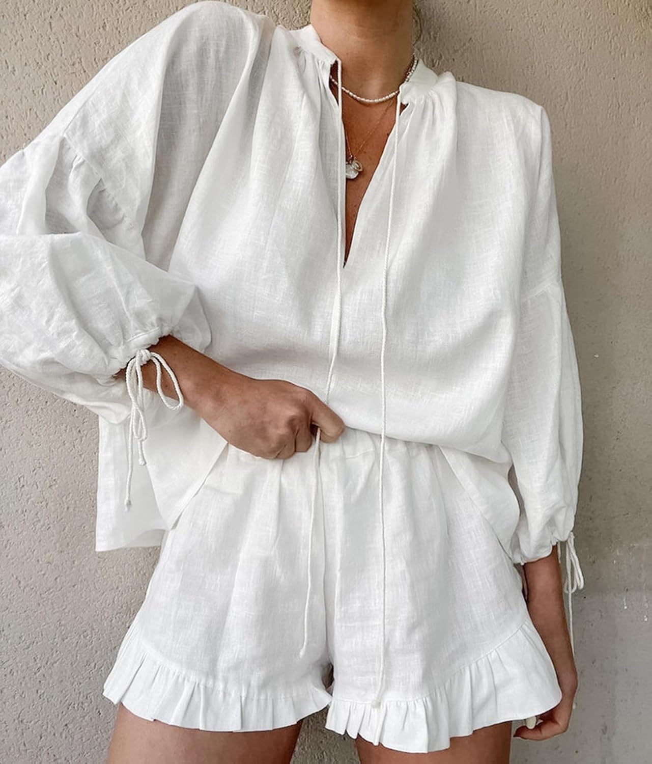 Women's Long Sleeve V Neck Tie Front Tops and Ruffled Boxer Shorts Lounge Sets