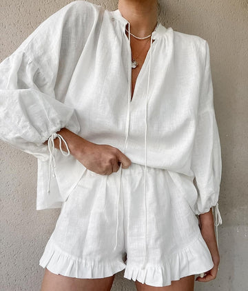 Women's Long Sleeve V Neck Tie Front Tops and Ruffled Boxer Shorts Lounge Sets