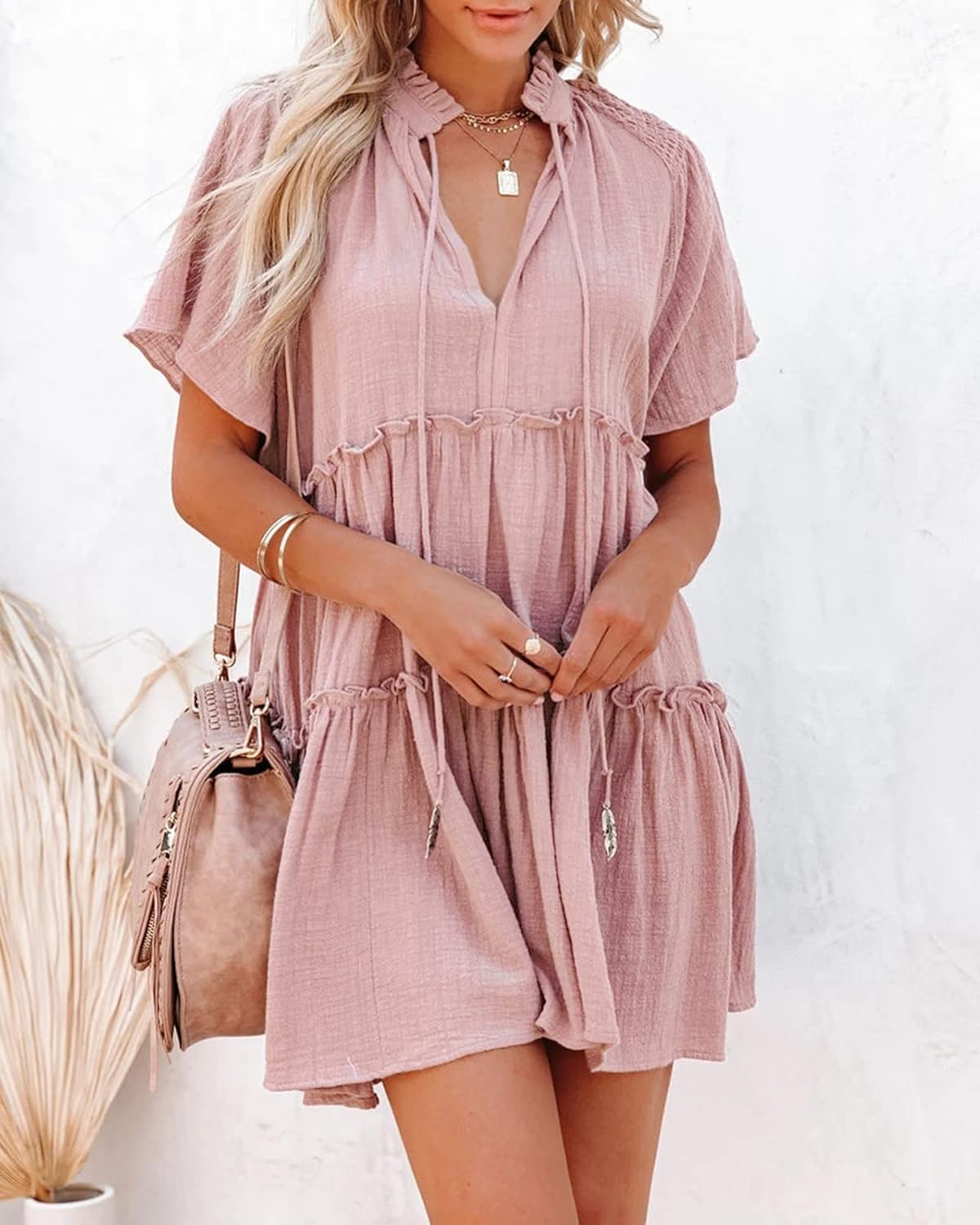 Women's V Neck Drawstring Tie Ruffle Layered Dress