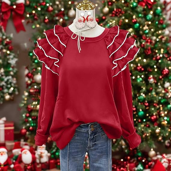 Women's Christmas Sweatshirt with Ruffled Sleeves