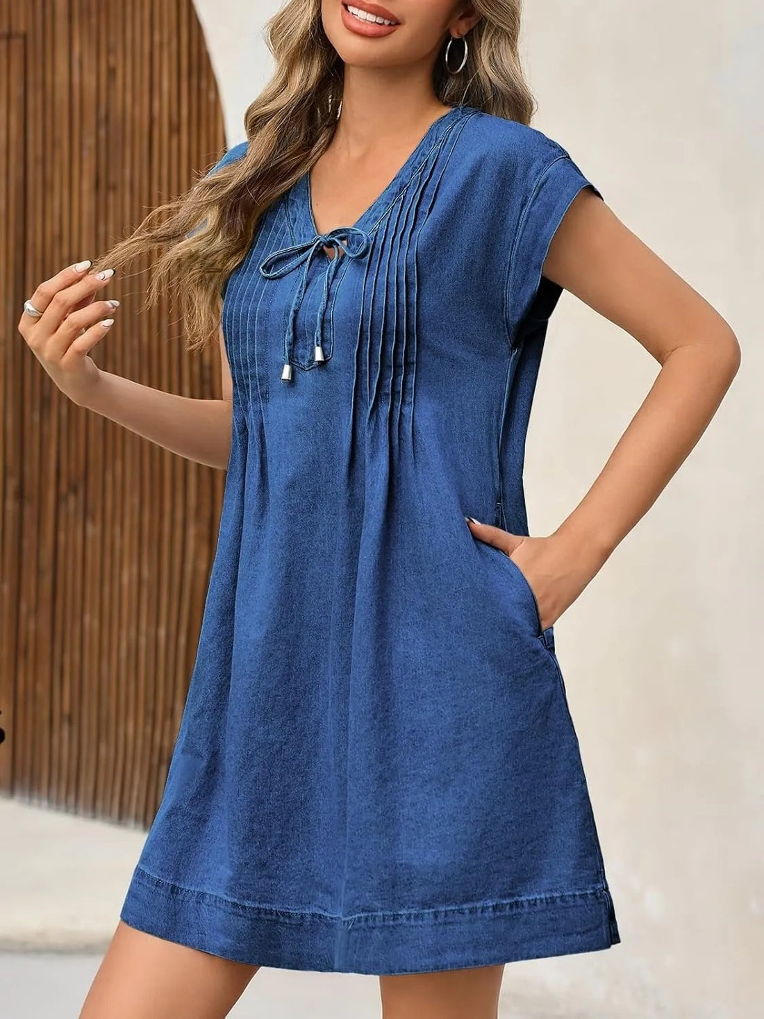 Women's V-neck Pleated Denim Dress With Pockets