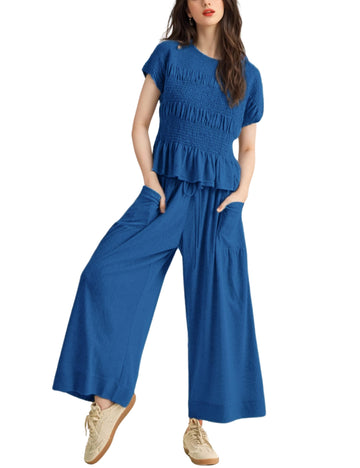Women's Pleated Top Wide Leg Pants Set with Pockets