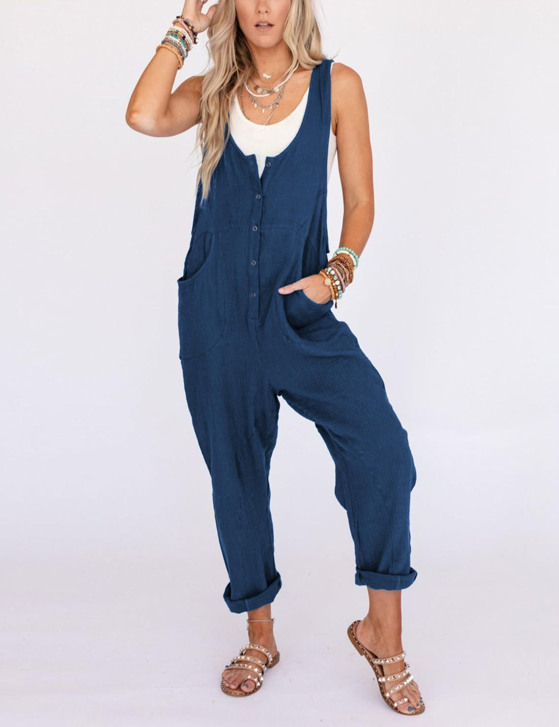 Women’s Summer Loose Pocket Button Jumpsuit