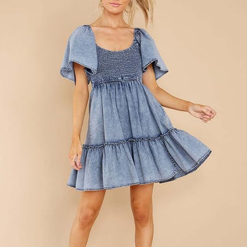 Babydoll Smocked Denim Mini Dress