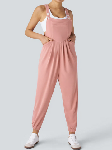 Adjustable Strap Button Multiple Pockets Plicated Waffle Casual Jogger Overalls