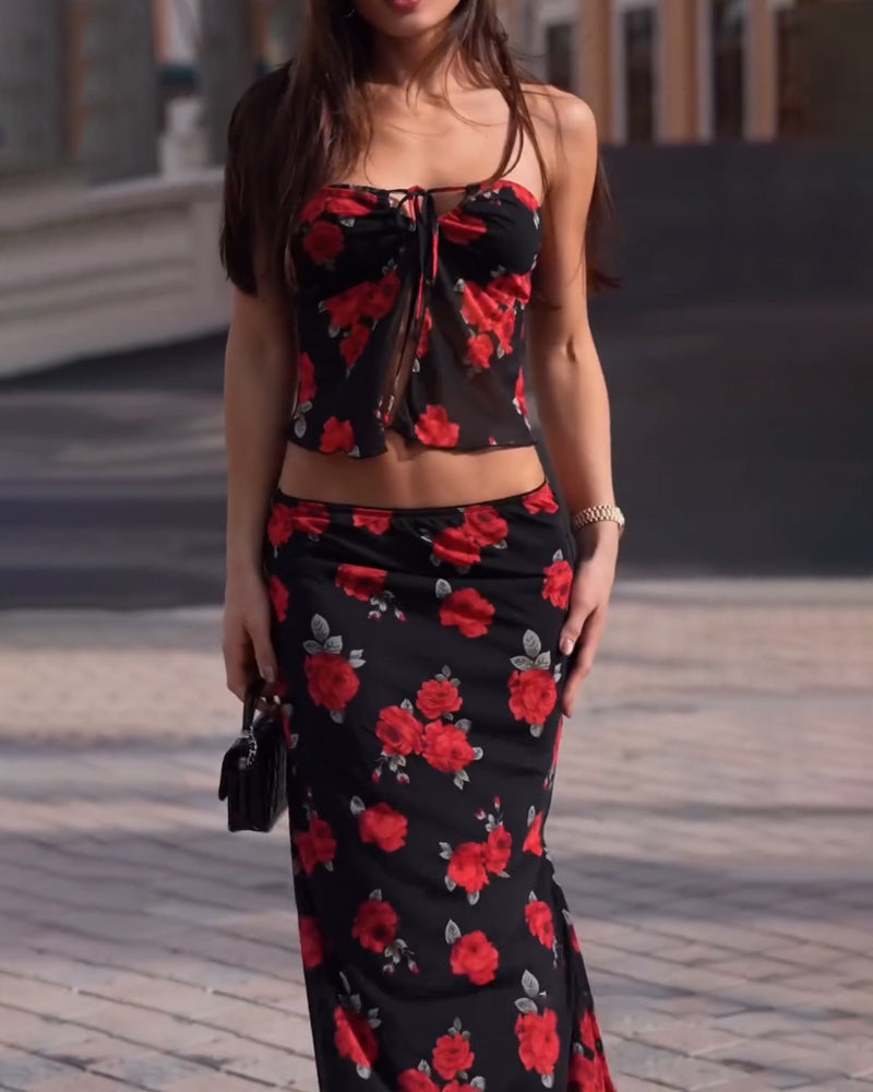 Sexy Rose Strapless Top & Split Skirt Two-Piece Set