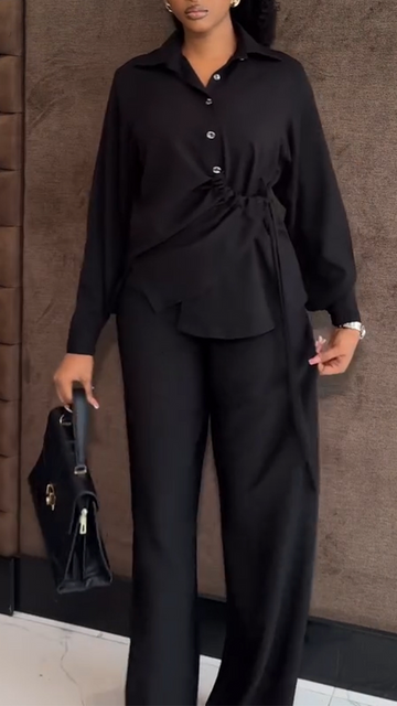 Ladies Lapel Drawstring Waist Design Casual Suit