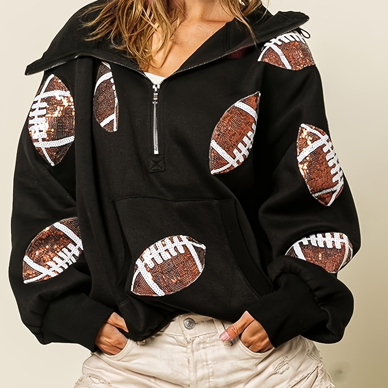 'Glam Kickoff' Football Game Day Long Sleeve Half-Zip Hoodie
