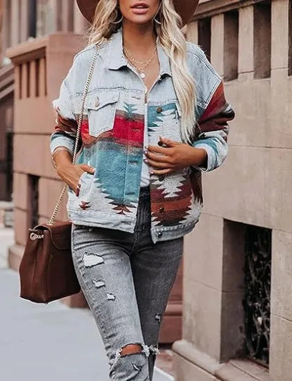Women’s Aztec Style Denim Jacket – Vintage Lapel
