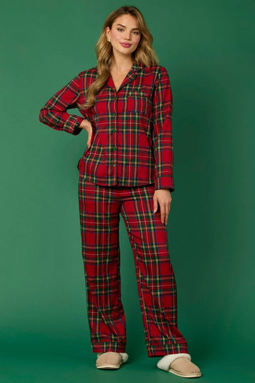 Red and Green Plaid Cotton Christmas Pajama Set with Long Sleeve Top and Pants