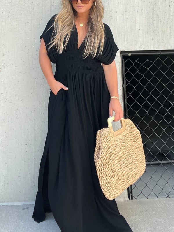 Solid Color V-Neck Bat Sleeve Elastic Waist Slimming Slit Skirt