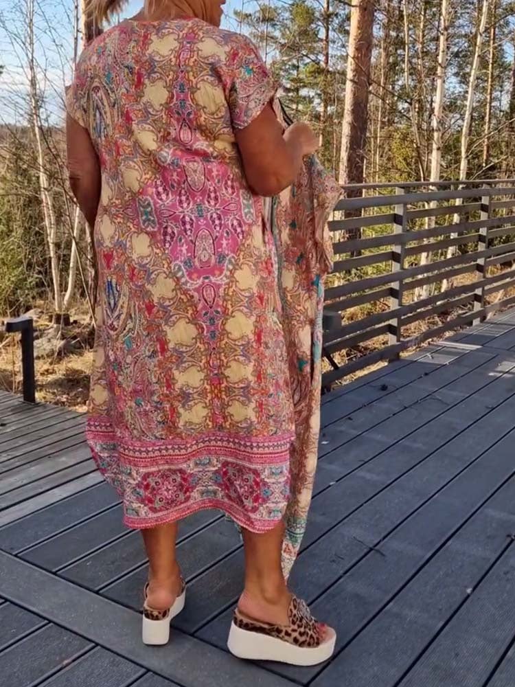 V Neck Dress Short Sleeves Printed Straight