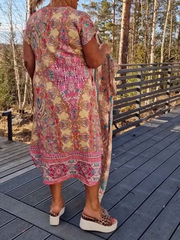 V Neck Dress Short Sleeves Printed Straight