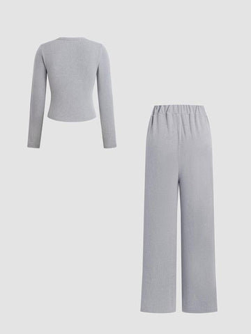 Women's Solid Button Front Ribbed Crop Top & Elastic Waist Pants