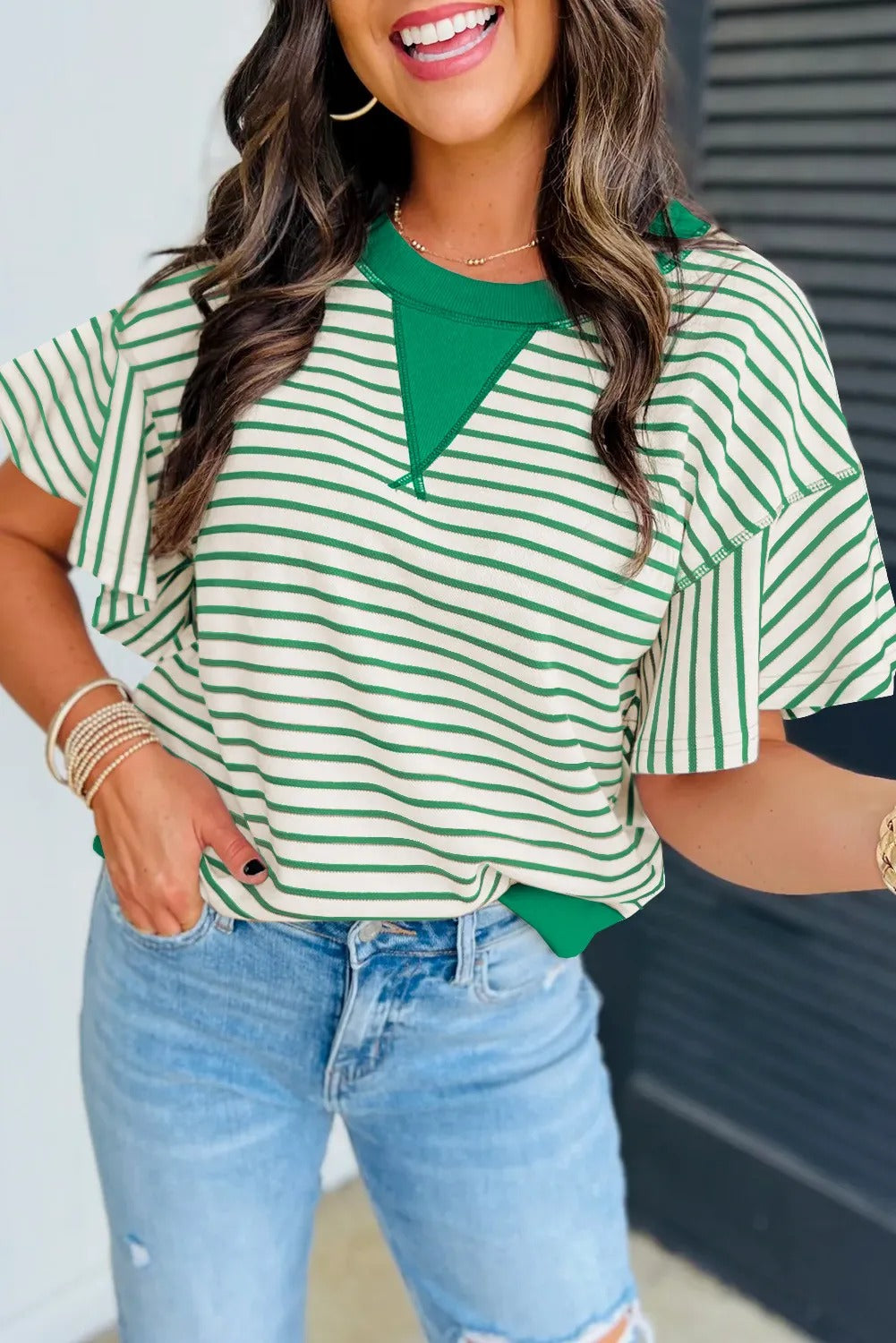 Women's Striped Ruffle Short Sleeve Top