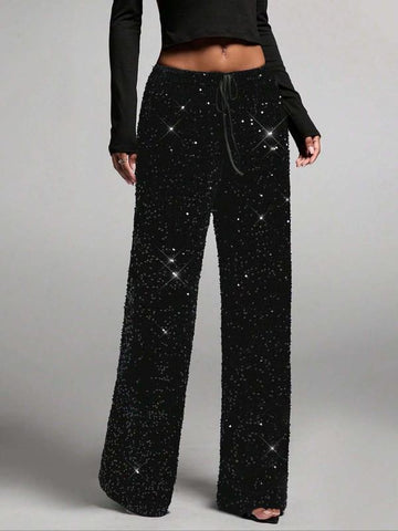 Women's Sequin Sparkle Wide Leg Pants – Elastic Waistband, Festive & Comfortable Fit