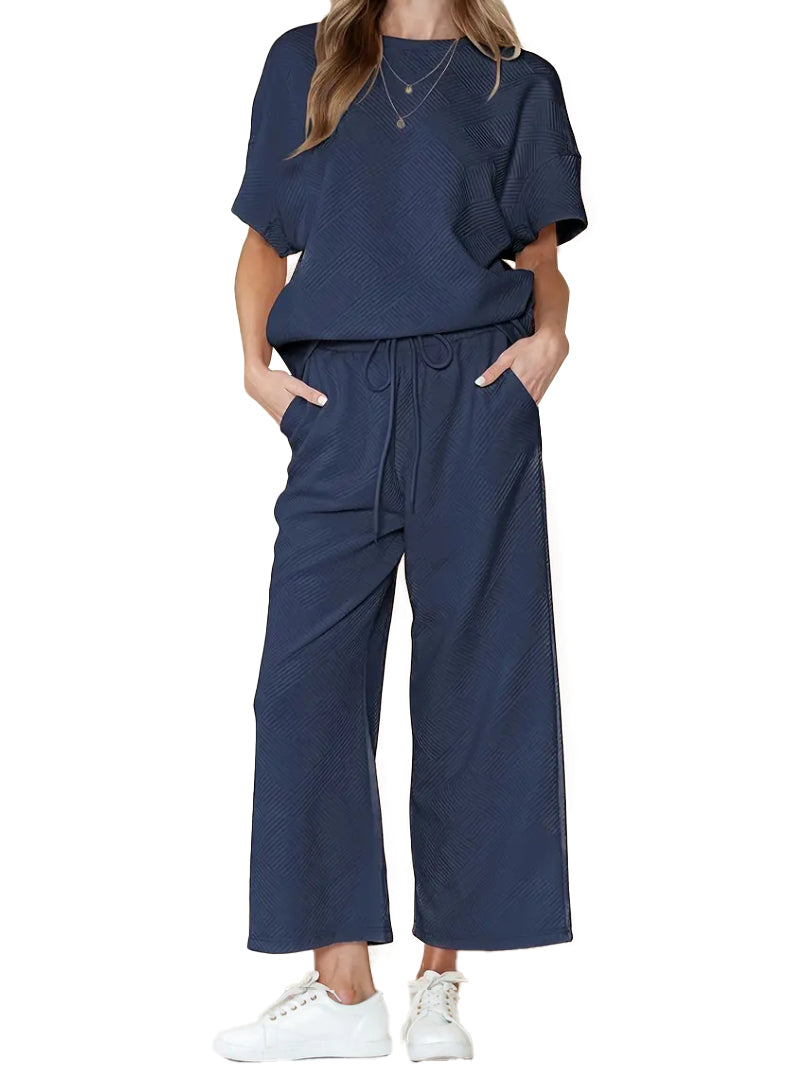 Women's Textured Loose Fit T Shirt and Drawstring Pants Casual Set