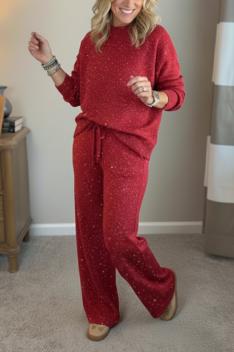 Cozy Travel Crew Neck Shiny Sweatshirt and Pant 2 Piece Sets