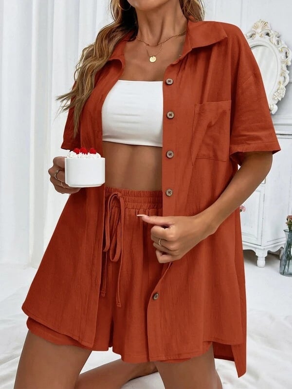 Chic Solid-Color Shorts & Shirt Set Casual & Loose