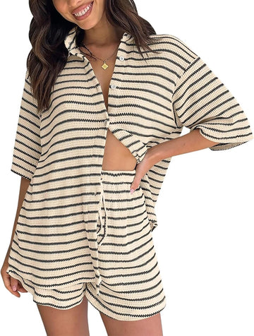Womens Striped Knit V Neck Button Down Lounge Sets