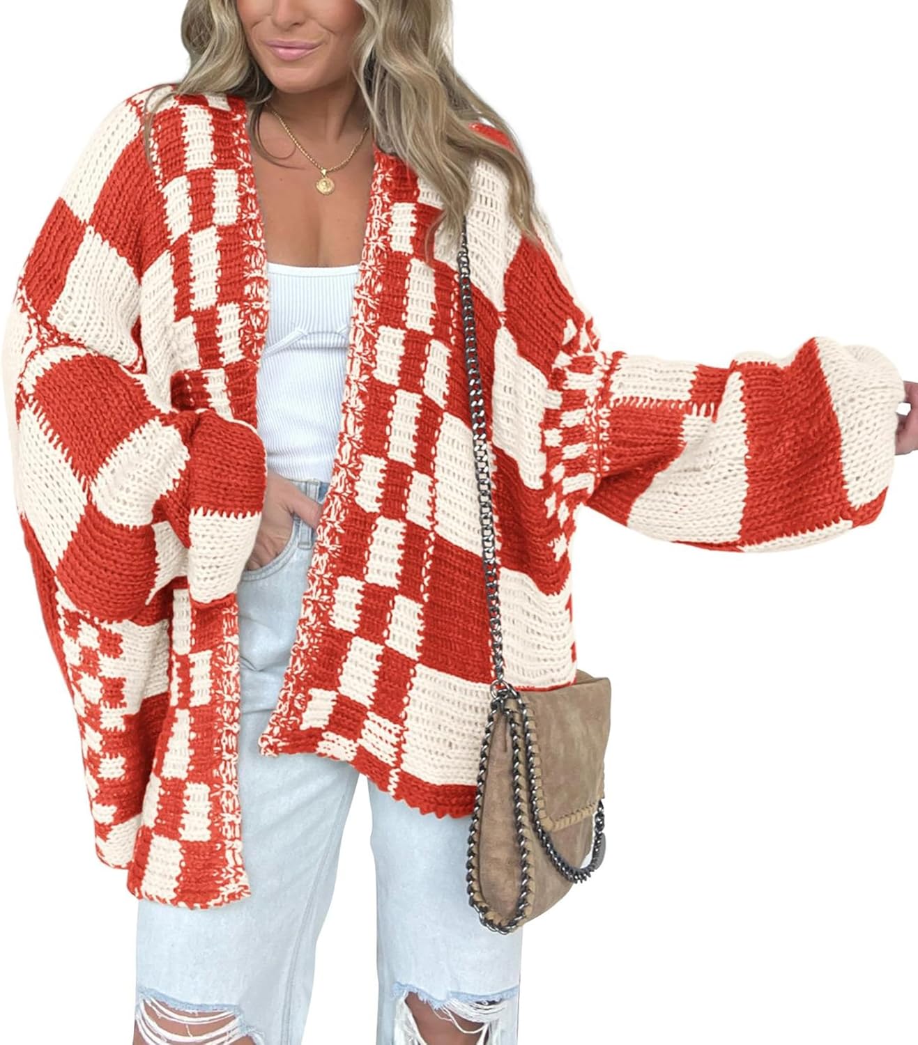 Women's 2025 Fall Long Sleeve Open Front Cardigan - Checkered Pattern Chunky Knit Outerwear Coat