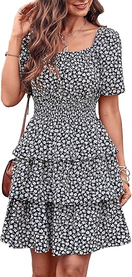 Women's Floral Summer Square Neck Short Sleeve Tiered Ruffle Boho Swing Short Dresses