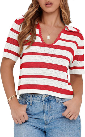 Women's Summer V Neck Collared Striped Short Sleeve Sweater Top