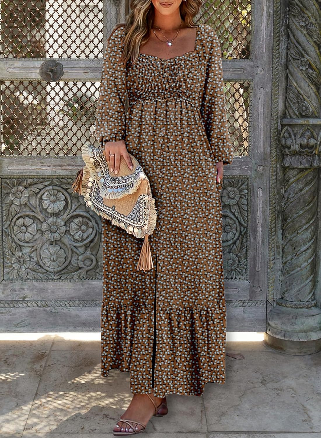 Women's Square Neck Boho Floral Maxi Dress