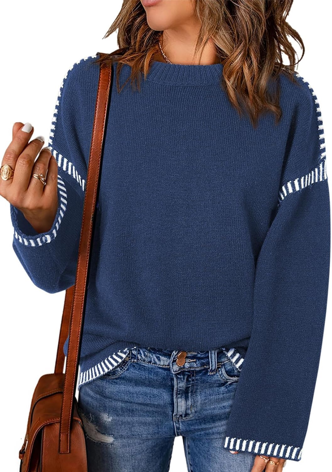 Casual Fashion Contrast Cable Knit Pullover Long Sleeve Tops