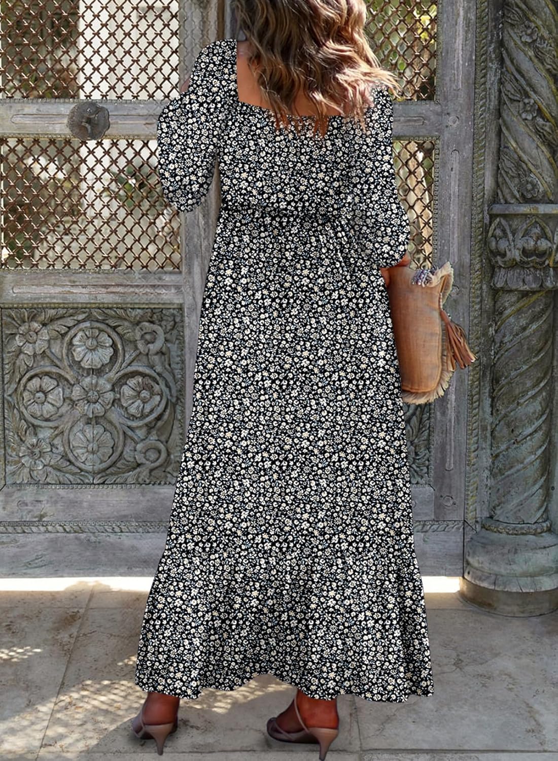 Women's Square Neck Boho Floral Maxi Dress