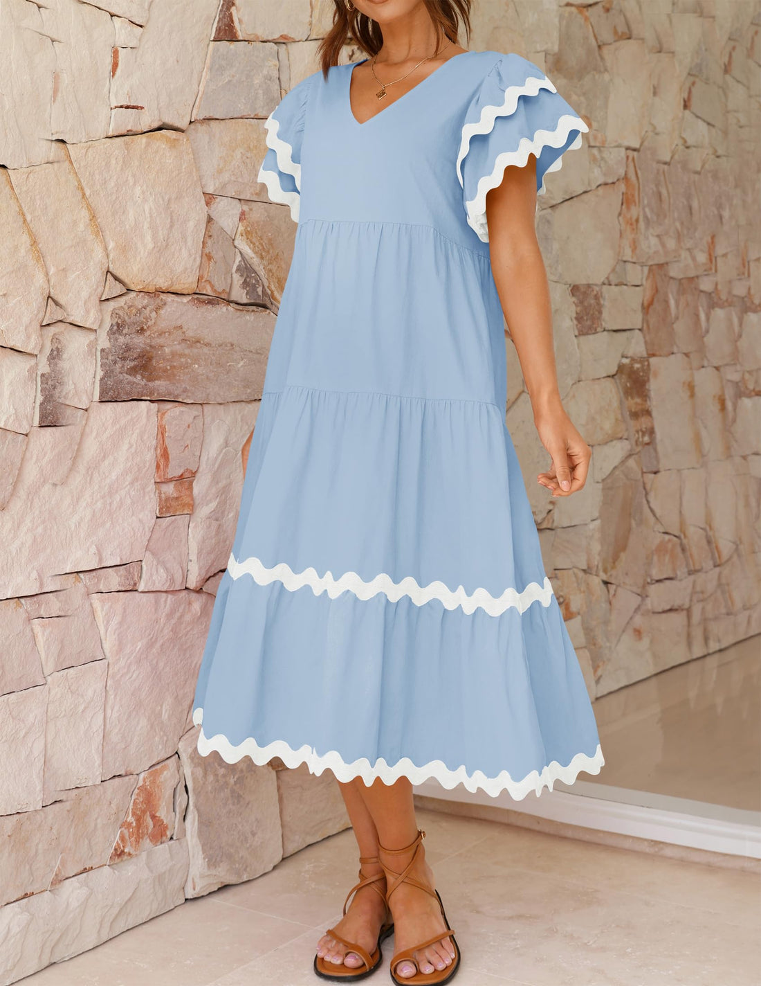 Women V Neck Cap Sleeve Flowy Beach Midi Dress With Pocket