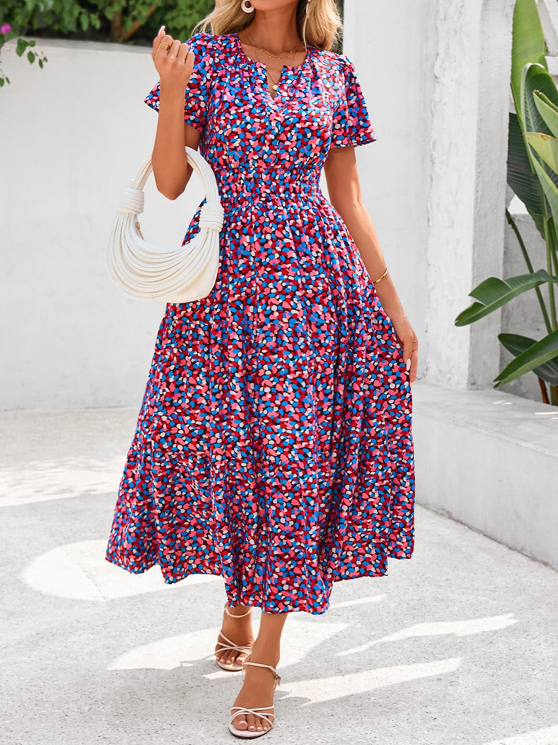 Womens Floral Casual Short Sleeve V Neck Elastic Waist Maxi Wedding Guest Dress
