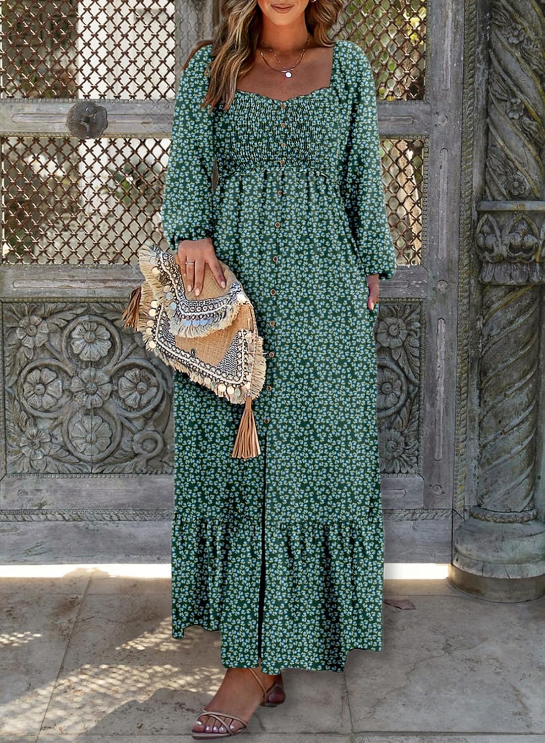 Women's Square Neck Boho Floral Maxi Dress