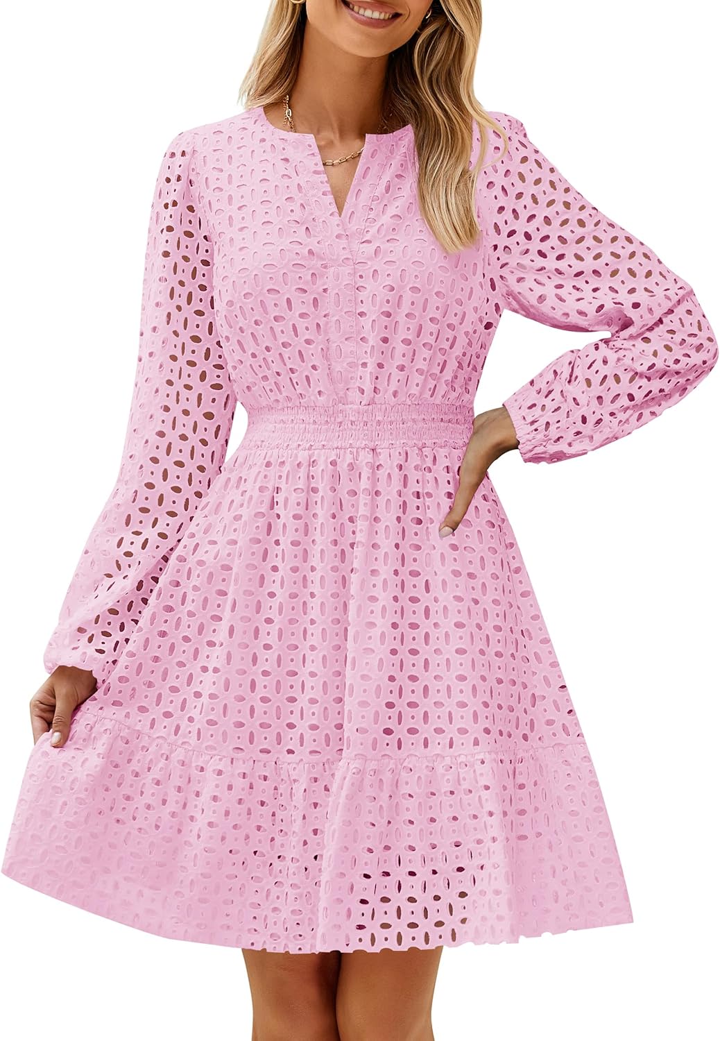 V Neck Hollow Out Eyelet Embroidery Ruffle Dresses