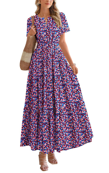 Womens Floral Casual Short Sleeve V Neck Elastic Waist Maxi Wedding Guest Dress