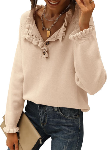 Women's Knitted Casual Long Sleeve Button Ruffle Pullover Sweater