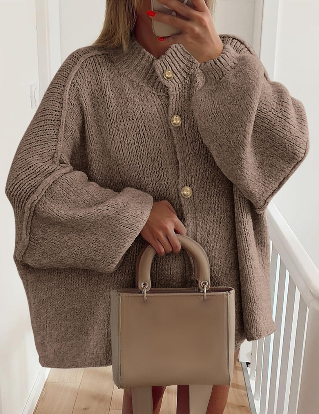 Women's Mock Neck Lantern Long Sleeve Button Down Cardigan Sweater