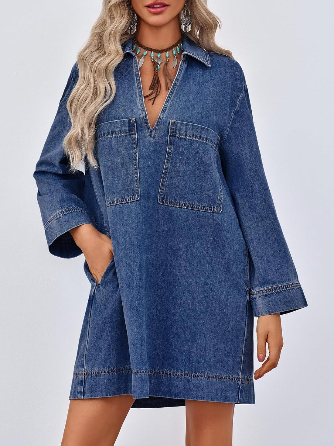 Womens Denim Shirt Dress Collared V Neck Mini Casual Jean Dresses with Pockets