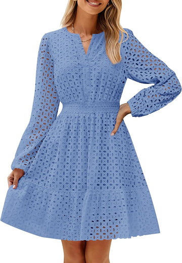 V Neck Hollow Out Eyelet Embroidery Ruffle Dresses