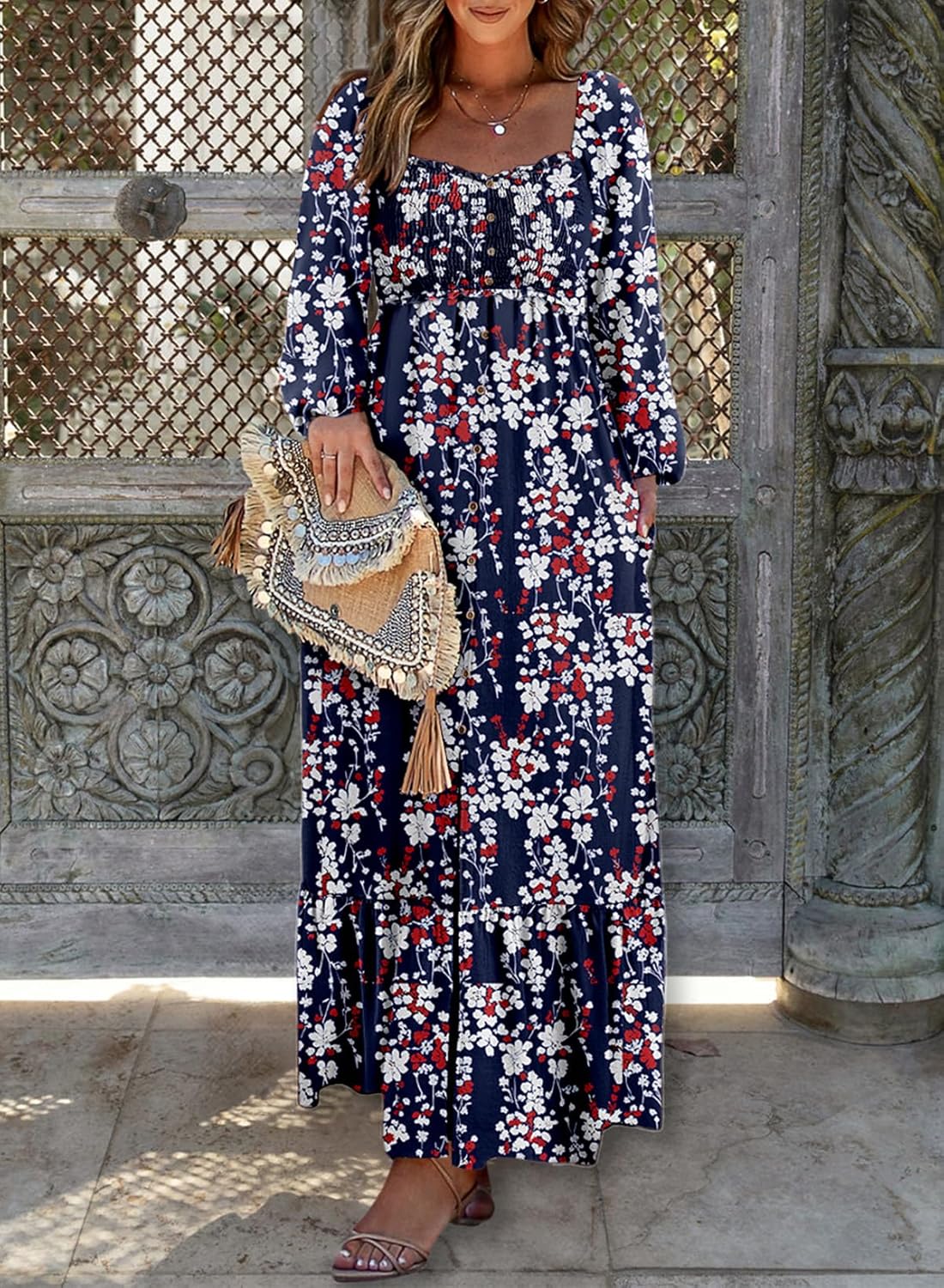 Women's Square Neck Boho Floral Maxi Dress