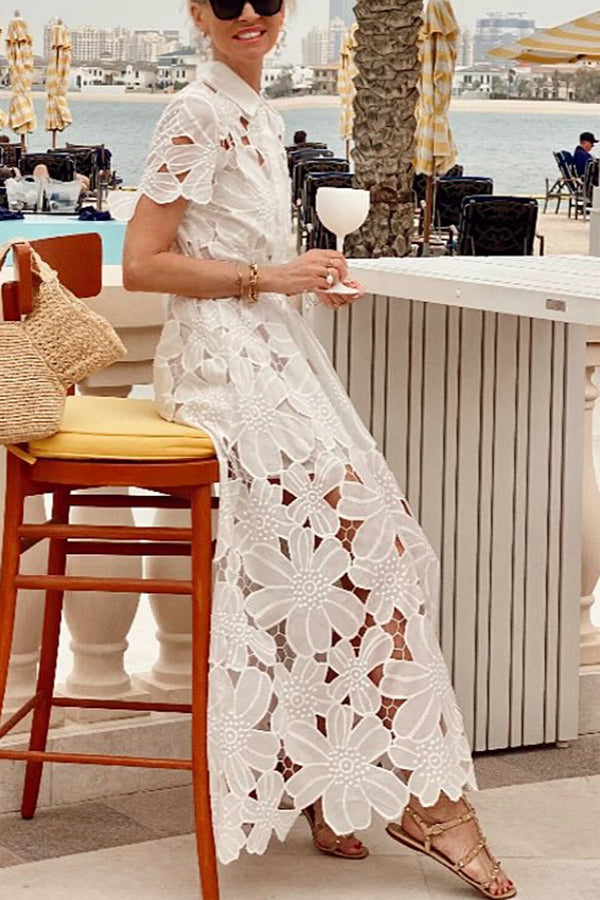 Floral Crochet Lace Short Sleeve Tie-up Shirt Maxi Dress