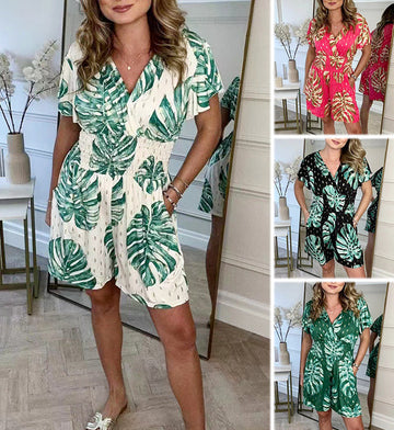 Women's Botanical Print Elastic Waist Jumpsuit