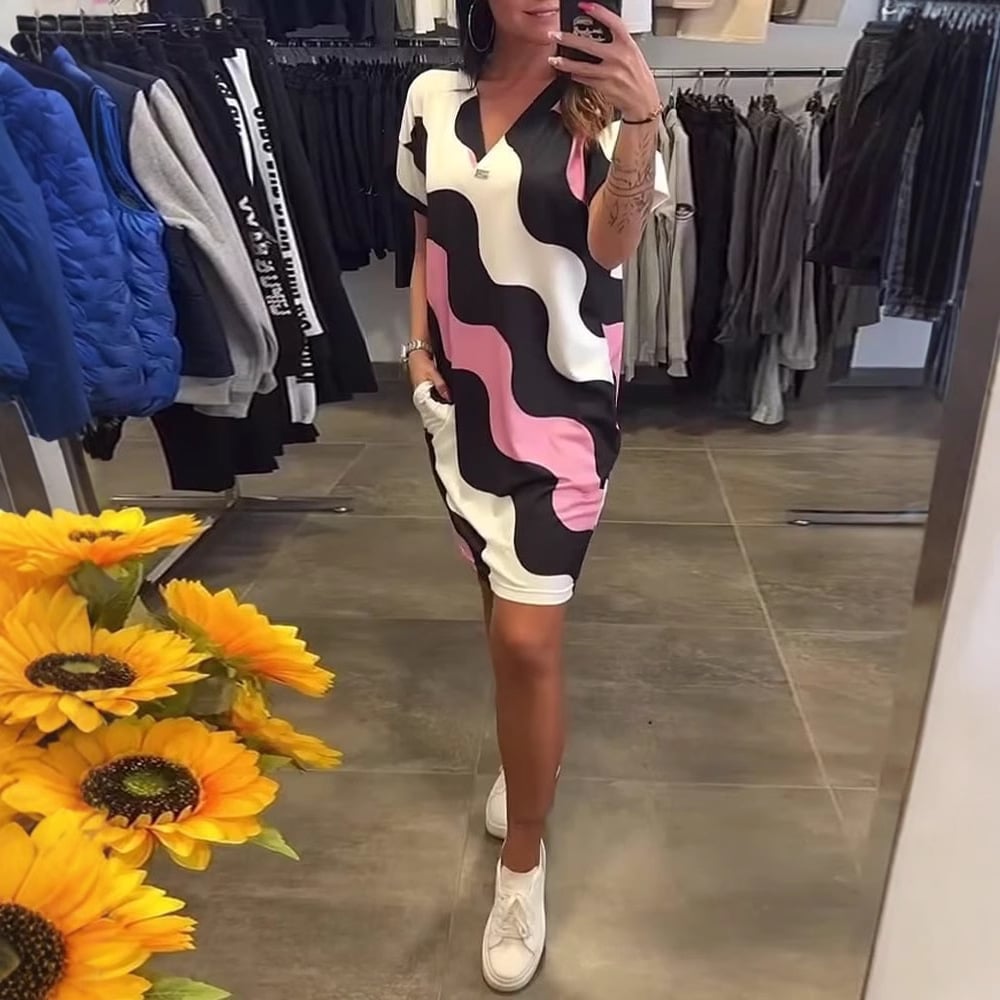 Dress With Wavy Print And V-neck