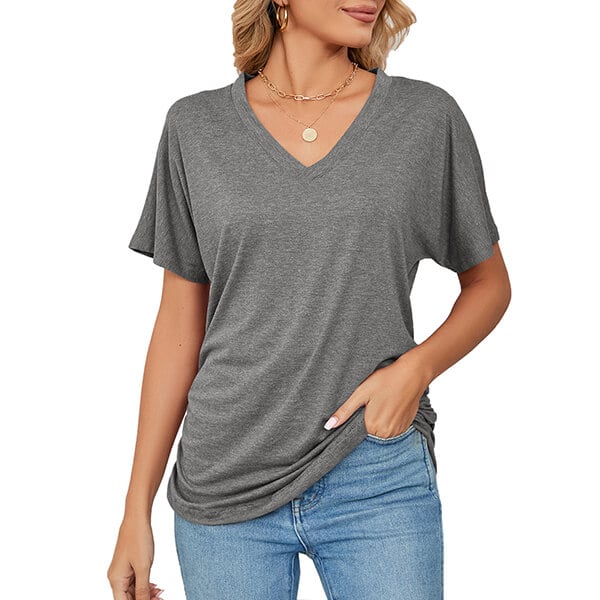 Casual Pullover V-Neck Solid Color Loose Ladies Tops